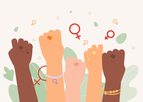 Women hands and Venus symbols vector illustration. Women fighting for their rights. Feminine empowerment, protest concept