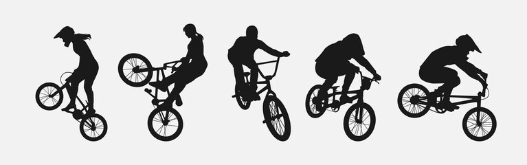 set of silhouettes of bmx biker, cyclists with different position, gesture, pose. extreme sport, bicycle, vehicle concept.