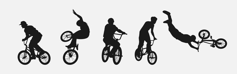 set of silhouettes of bmx biker, cyclists with different position, gesture, pose. extreme sport, bicycle, vehicle concept. - obrazy, fototapety, plakaty