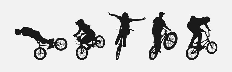 Silhouette of BMX Bicycle Players. Sport, Competition, Hobby, Youth. isolated on white background. Vector Illustration.