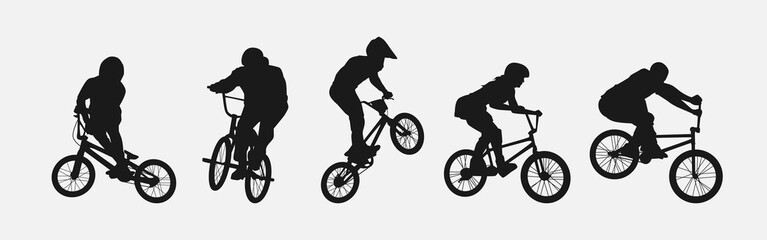 Silhouette of BMX Bicycle Players. Sport, Competition, Hobby, Youth. isolated on white background. Vector Illustration.