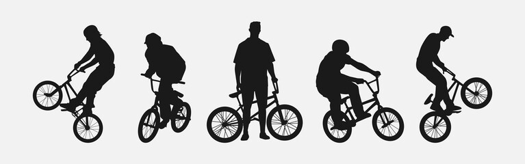 Set of silhouettes of BMX cyclist. Isolated on white background. Graphic vector illustration.