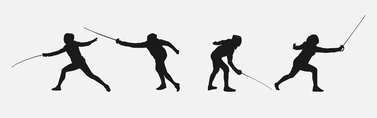 Set of silhouettes of fencing. Sport, athlete, fencing player. Isolated on white background. Graphic Vector Illustration. - obrazy, fototapety, plakaty