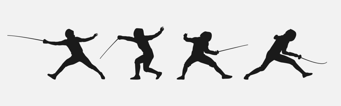 Set of silhouettes of fencing. Sport, athlete, fencing player. Isolated on white background. Graphic Vector Illustration.