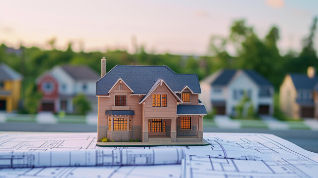 Model Home on Blueprints in Suburban Neighborhood