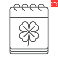 St. Patrick's day calendar line icon, holidays and reminder, calendar with clover vector icon, vector graphics, editable stroke outline sign, eps 10.
