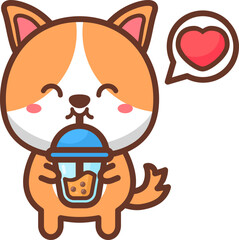 Cute puppy dog loves drink bubble tea cartoon illustration