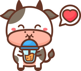 Cute cow loves drink bubble tea cartoon illustration