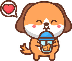 Cute puppy dog loves drink bubble tea cartoon illustration