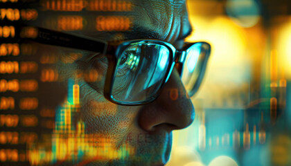 financial trader in glasses with graphs