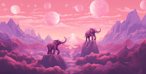 landscape with birds, Pink elephants in the sky doing different yoga