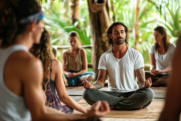 A meditation instructor guiding a group of people in a relaxing session - Powered by Adobe