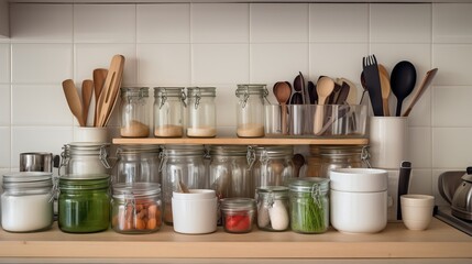 Fototapeta na wymiar A clutter-free kitchen counter with utensils stored in designated containers