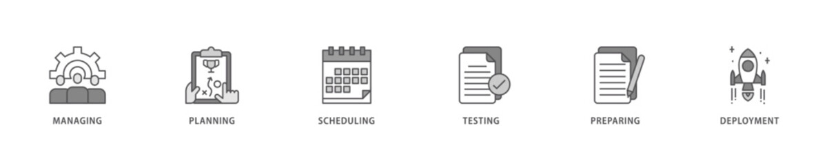 Release management icon set flow process which consists of managing, planning, scheduling, building, testing, preparing and deployment icon live stroke and easy to edit 