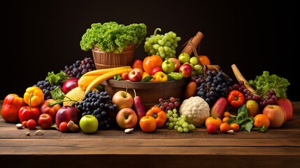 A vibrant assortment of fresh fruits and vegetables on a wooden table