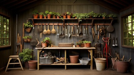 A well-arranged gardening shed with tools hung on hooks for easy access