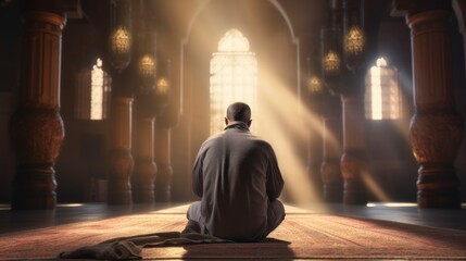 Islamic concept photo. Muslim man praying in the mosque and sunlight rays with haze in the morning. Ramadan or kandil or laylat al-qadr or kadir gecesi background photo. copy space - generative ai - obrazy, fototapety, plakaty