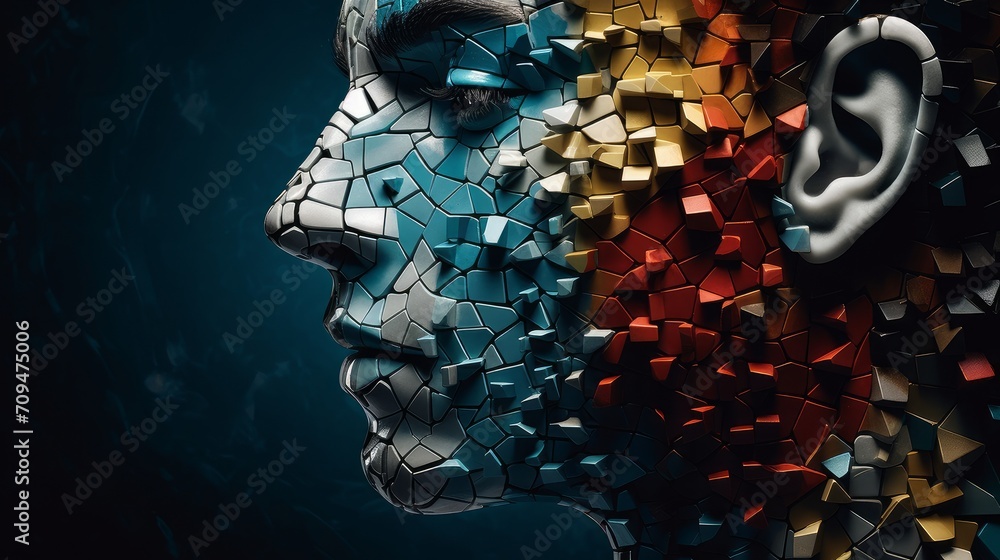 Poster abstract image of a person's face made of puzzle pieces, representing the complexity of human though
