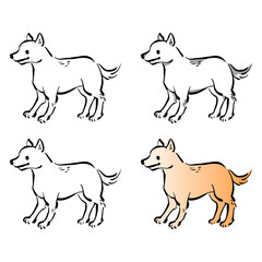 犬の和風ベクターイラストセット（線画、影付き、白黒、グラデーション）。
