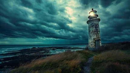 Foto op Aluminium An eerie illustration of an old lighthouse under a stormy sky © Adrian Grosu