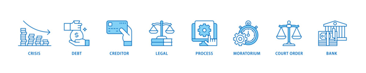 Bankruptcy icon set flow process which consists of bank ,court order, legal, moratorium, process, creditor, debt, crisis icon live stroke and easy to edit  - obrazy, fototapety, plakaty