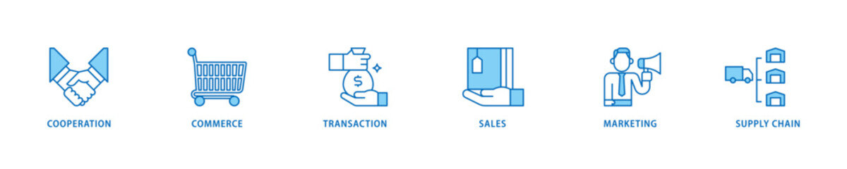Business to business icon set flow process which consists of cooperation, commerce, transaction, sales, marketing, supply chain icon live stroke and easy to edit 
