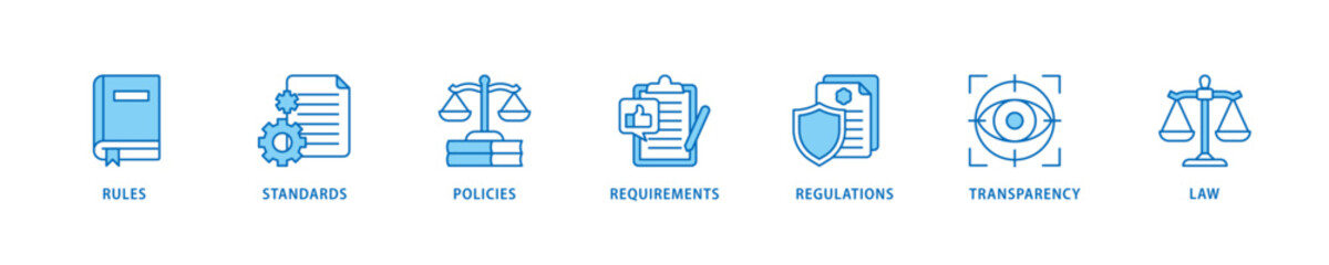Compliance icon set flow process which consists of law, requirements, transparency, regulations, policies, standards, rules icon live stroke and easy to edit 