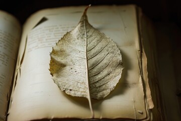 old and tattered book opened to a page with a dry brown leaf resting on it