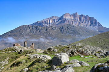 Skeletons of the Kurnoyat Fortress on the mountain slopes