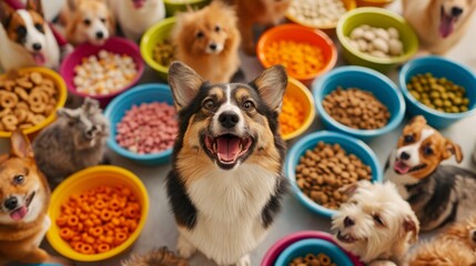 Happy Dogs with Assorted Bowls of Pet Food, Concept of Dietary Diversity