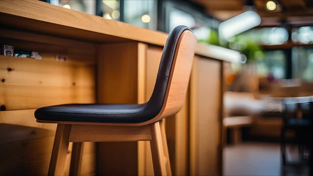 Closeup of a wooden chair with a builtin cushion tucked under a desk in a tiny house home office.