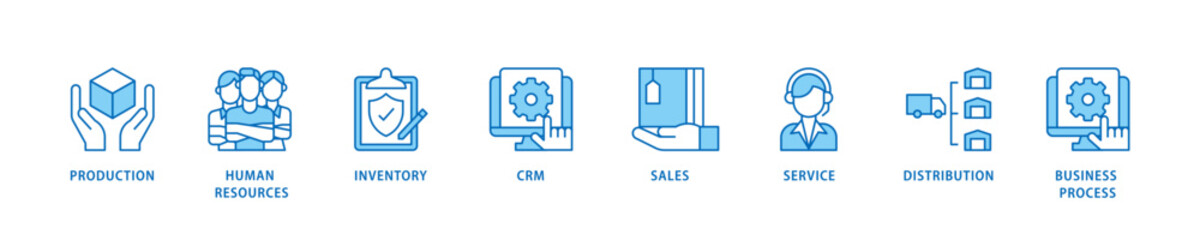 Enterprise resource planning icon set flow process which consists of production, human resources, inventory, crm, sales, service icon live stroke and easy to edit 