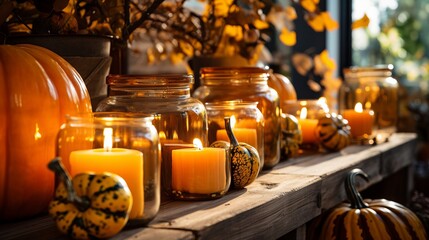Close-up of pumpkin-scented candles in glass jars, emitting a warm and inviting fragrance associated with the season