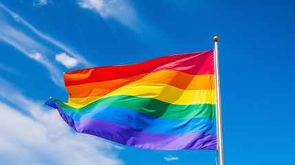 Colorful LGBTQ pride flag waving proudly against a blue sky