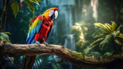 Vibrant parrot perched on a lush jungle branch