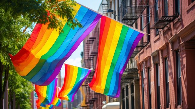 Colorful LGBTQ pride flag banners waving in the wind, brightening up a city street during Pride month