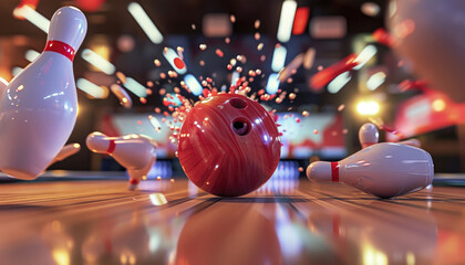 a red bowling ball is crashing through the pins - obrazy, fototapety, plakaty