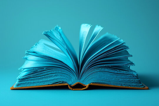 An open book with its pages in light blue, on a light blue background. International book day theme.