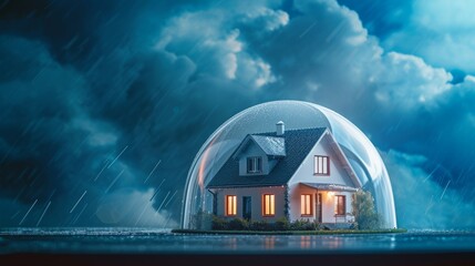 Residential House Safeguarded by a Transparent Dome During a Severe Storm, Concept of Home Protection and Insurance - obrazy, fototapety, plakaty