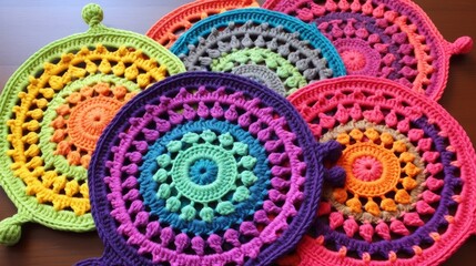 Crocheted potholders in bright colors, both functional and decorative