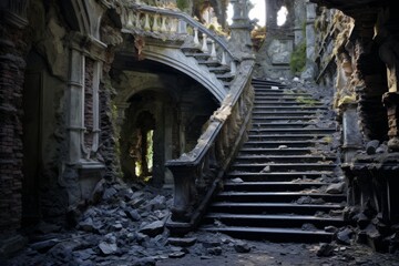 Fototapeta na wymiar Crumbling staircase leading to a hidden chamber