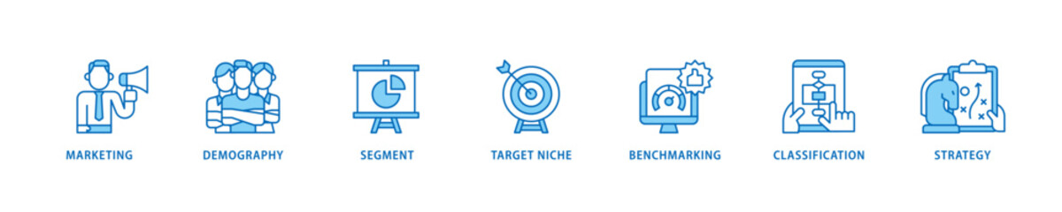 Market segmentation icon set flow process which consists of marketing, demography, segment, target niche, benchmarking, classification, strategy icon live stroke and easy to edit 