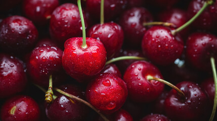 Fresh cherries with water droplets close-up.