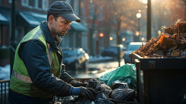 Sanitation worker sorting through trash bins.