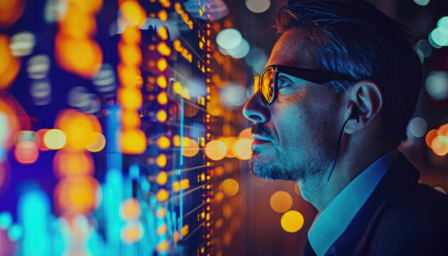 financial trader in glasses with graphs