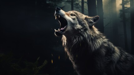 Naklejka premium Dramatic image of a wolf mid-howl, its fierce gaze captivating the viewer with its untamed power