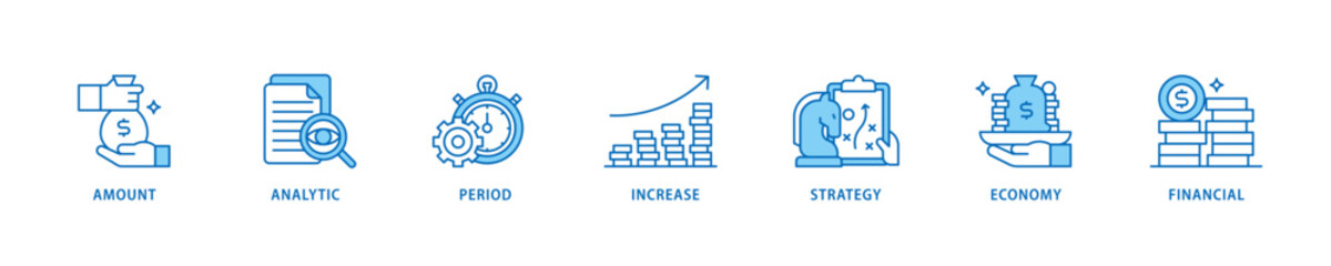 Sales growth icon set flow process which consists of financial, increase, economy, strategy, period, analytic, amount icon live stroke and easy to edit 