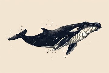 Minimal beautiful drawn diving whale. Vintage retro vibes. Birth Card inspiration.