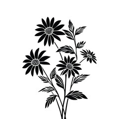 Elegant black silhouette of daisies with detailed petals and leaves against in white background