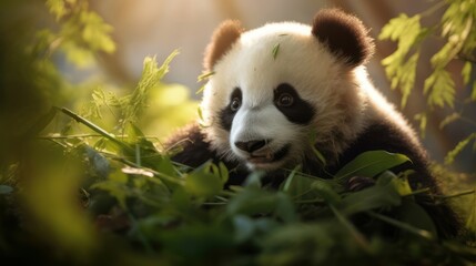 Obraz premium Cute panda bear relaxing in the lush green grass